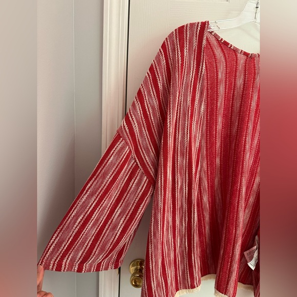 Pull & Bear Women’s Medium Red and White Striped Kimono Cardigan Boho Fringe - Picture 7 of 10